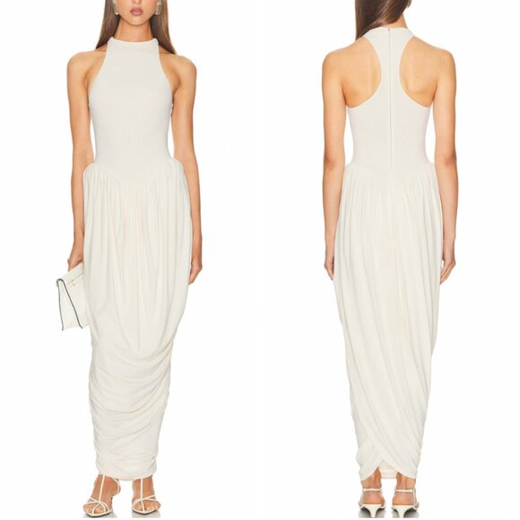 Helsa The Duchess Jersey Midi Dress Medium Ivory White Knit Cocktail Party - Picture 3 of 10